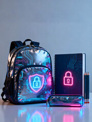 Smart School Backpack and Notebook with Neon Cyber Security Shield Icons