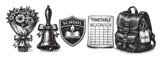 A black and white sketch depicts a vintage school still life including a bouquet of flowers, a school bell, a shield with an open book, a timetable, and a backpack.