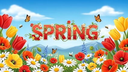 Vibrant spring landscape with flowers and butterflies illustration
