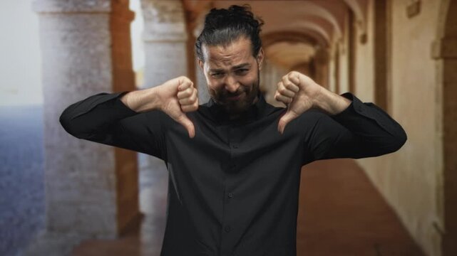 Man pressing thumbs down with both hands in an old building arcade, eyes closed in a grimace; rejection protest.