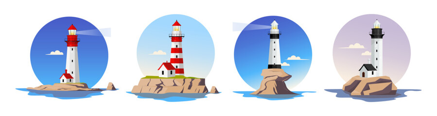 Set of lighthouse on the island by the sea. Vector illustration