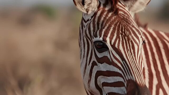 A captivating close-up shot focuses on the intricate patterns of a unique striped equine animal, showcasing its striking reddish-brown and white stripes. The detail emphasizes its expressive eye and t