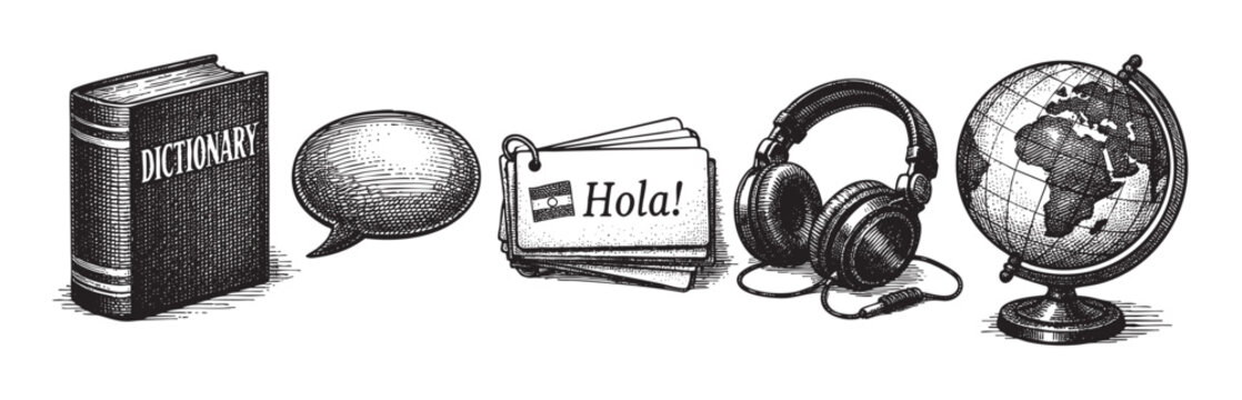 A collection of vintage illustration objects related to language learning, including a dictionary, speech bubble, phrase cards, headphones, and a globe.