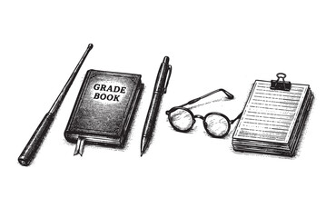 A vintage black and white illustration depicts a teacher's desk essentials including a grade book, pen, glasses, and a clipboard with papers arranged on a white background.