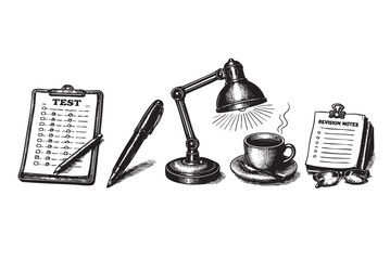 A black and white sketch depicts a desk setup for studying, featuring a clipboard with a test, a pen, a desk lamp, a cup of coffee, and revision notes with glasses.