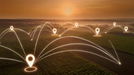Aerial view of agricultural fields with digital location pins at sunrise, smart farming footage.