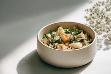 Simple fasting bowl with cooked grains and tender fish pieces in ceramic bowl