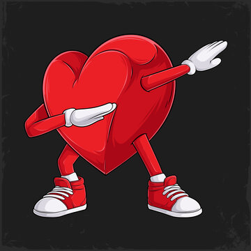 Hand drawn cartoon of a red heart character doing the dab dance pose, wearing white gloves and red sneakers on a dark grunge background.
