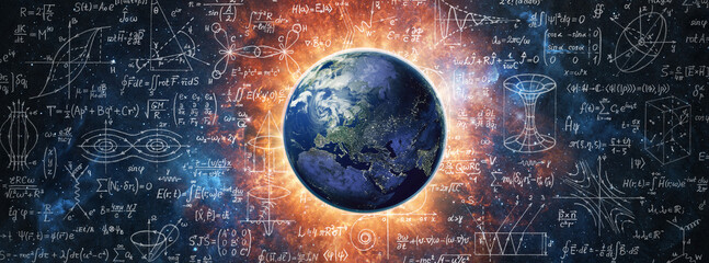 Planet Earth floating in space surrounded by scientific formulas, mathematical equations, and physics diagrams, representing science, knowledge, cosmology, and the laws governing the universe.
