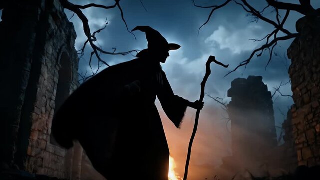 A captivating low-angle shot features the dramatic silhouette of a mysterious figure against a stormy, moonlit sky. The character, adorned in a distinctive pointy hat and flowing cloak, clutches a gna