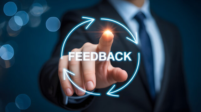 Businessperson pointing at glowing feedback text with circular arrows symbolizing communication and continuous improvement
