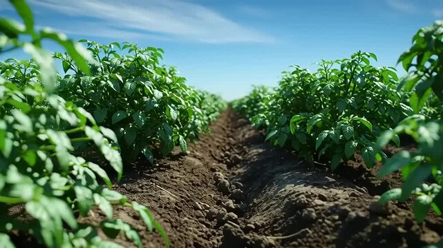 Green Potato Plants in Farm Field Rows