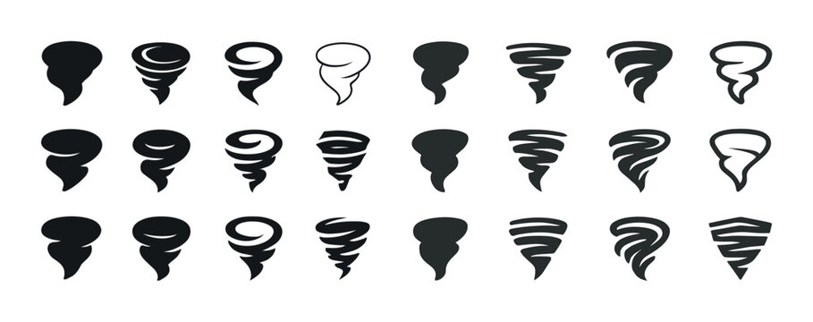 Collection of stylized tornado vortex silhouettes in various designs
