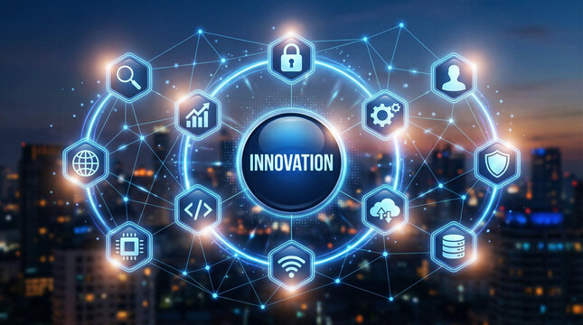 Innovation Global Network Technology Concept City Background Business Banner - Powered by Adobe