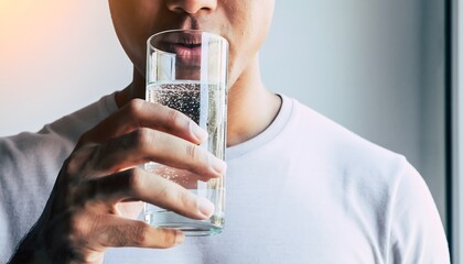 Young man drinking a clear glass of fresh water, emphasizing healthy habits and daily hydration