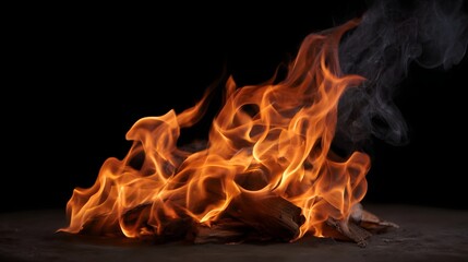 Fototapeta premium Dynamic orange and yellow bonfire flames engulfing logs producing swirling smoke against a deep black background conveying intense heat and light