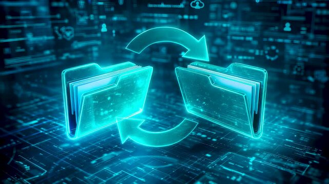 Digital data exchange concept with glowing file panels and circular transfer hub showing secure information sharing technology