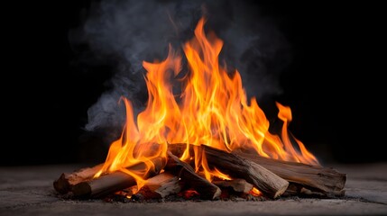 Vivid bonfire with bright orange flames and smoke rising from burning logs at night