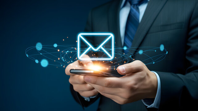 Businessperson holding smartphone with glowing envelope icon symbolizing email, messaging and mobile connectivity - Powered by Adobe