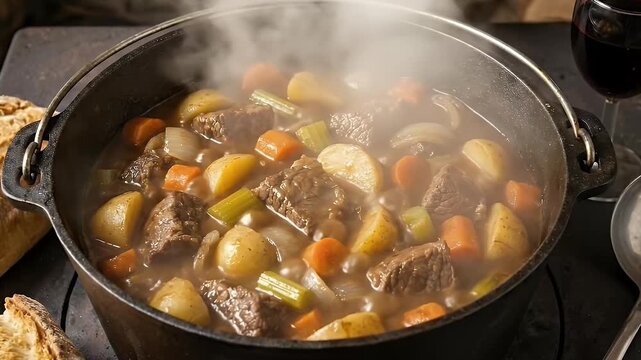 A close-up, mouth-watering shot of a hearty, steaming stew simmering in a rustic black cast iron pot. Large chunks of tender beef, golden potatoes, vibrant orange carrots, crisp green celery, and swee