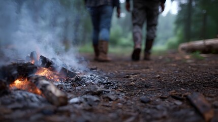 Two hikers walk away from a smoldering campfire on a forest trail with smoke rising in the foreground