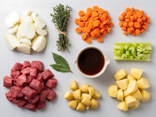 Flat Lay of Fresh Ingredients for a British Beef Stew or Cottage Pie Recipe on a Light Wooden Background, Food Preparation