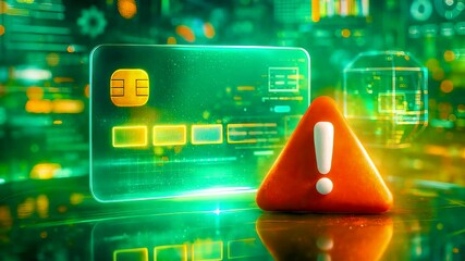 Digital payment security alert with glowing credit card interface and warning symbol highlighting online transaction risk and data protection - Powered by Adobe