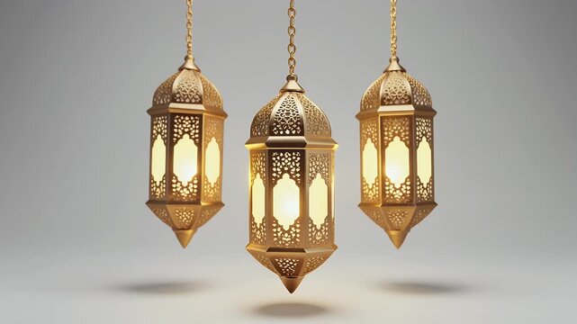 Three ornate golden Ramadan lanterns hanging with glowing yellow light against a soft gray background minimalist studio lighting casting subtle shadows