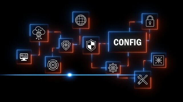 Configuration settings for cybersecurity and technology systems with glowing neon lines on a dark background