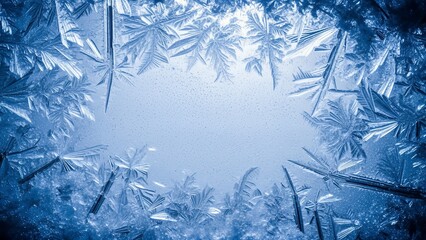 Winter background with a beautiful frame of frosty ice crystals.