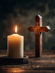 a single lit candle beside a simple wooden cross