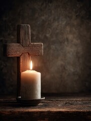 a single lit candle beside a simple wooden cross