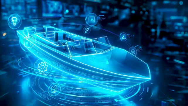 Digital speedboat navigation concept with glowing marine vessel model, tracking symbols and smart technology interface over water