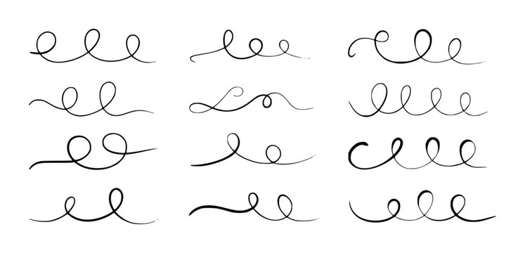 Collection of black hand drawn calligraphic flourishes and swirls a white background decorative vintage