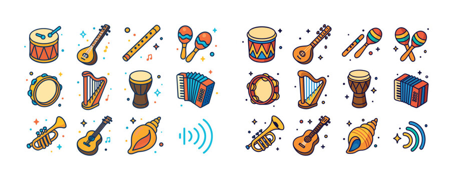 Colorful musical instruments icons collection with drums, guitars, trumpet, maracas, and harp