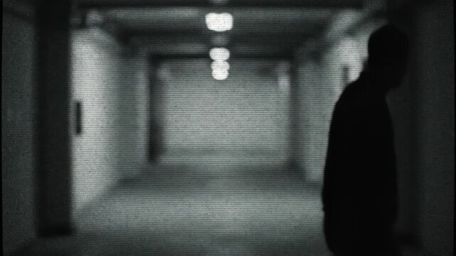 Dark silhouette walking down an empty hallway with CCTV glitch effects. Grainy security camera footage of a mysterious figure. Horror and suspense concept