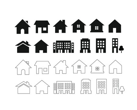 House and building icon set. Vector graphics includes house, home, office, factory, hospital, bank, store, bridge, barn.
