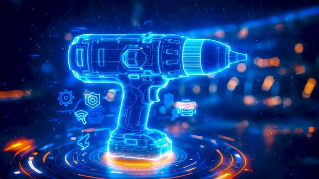 Digital power drill tool visualization with glowing blue energy effects and smart technology interface for modern construction innovation
