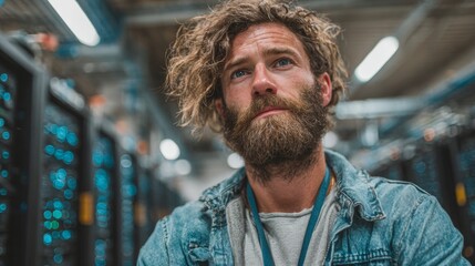 Thoughtful IT professional in server room looks up, visualizing digital transformation and advanced data solutions for a connected future