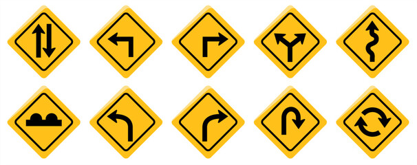 Set of ten yellow diamond-shaped traffic warning signs with black icons. Vector illustration featuring directional arrows, curves, roundabouts, and road bumps for safety design © hadi