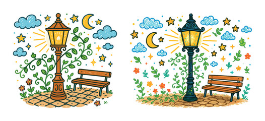 Fototapeta premium Whimsical night park landscape with lanterns, benches, and colorful sky