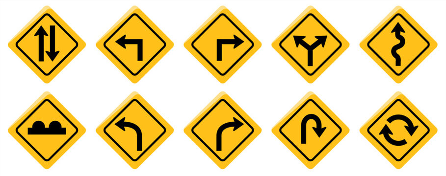 Set of ten yellow diamond-shaped traffic warning signs with black icons. Vector illustration featuring directional arrows, curves, roundabouts, and road bumps for safety design