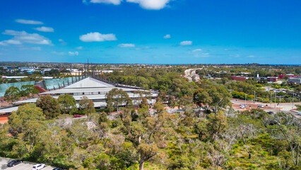 Fototapeta premium Joondalup Campus, a dynamic university hub surrounded by natural beauty, seen from above