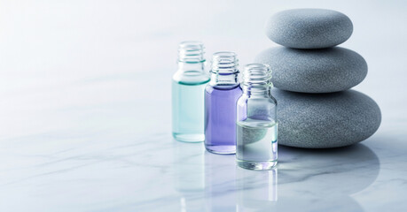 Ultra-realistic close-up of essential oil bottles and smooth grey spa stones resting on white marble.