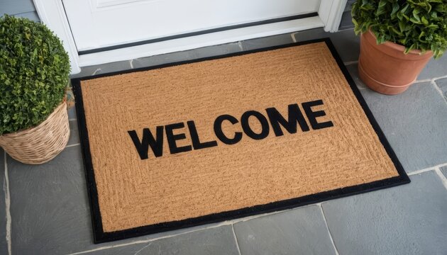 Welcome doormat at the front door entrance of a home with potted plants on a slate floor.