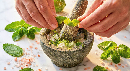Chef hands squeezing fresh lime zest into stone mortar with mint and pink salt for gourmet cooking, sensory feels and visual asmr