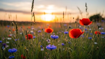 Beautiful poppy flowers and blue wildflowers in a field at sunset