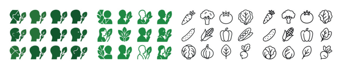 Silhouette and line art of various vegetables on white background