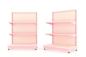 Metal gondola display shelves for supermarket or retail store product showcases. Industrial and minimalist design, 3D rendering. © P24_Design