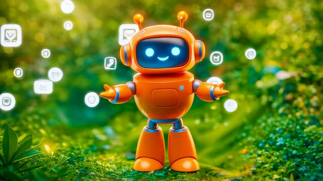 Friendly humanoid robot standing in lush green nature with glowing interface symbols showing artificial intelligence and smart technology